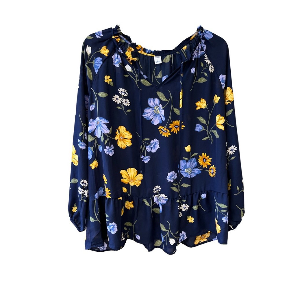 Old Navy Navy Floral Peasant Blouse with Yellow & Light Blue Flowers
